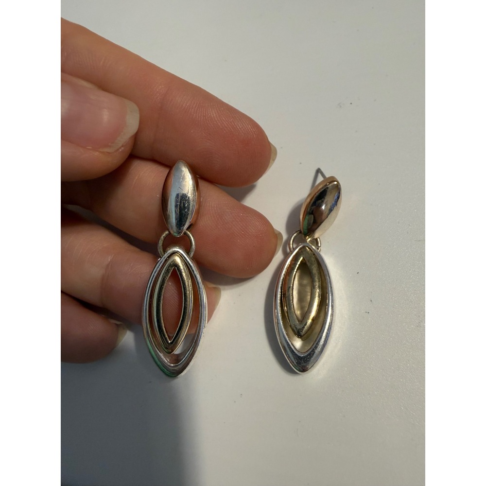 Two Tone Silver Gold Geometric Oval Drop Post Earrings Mixed Metal Modernist